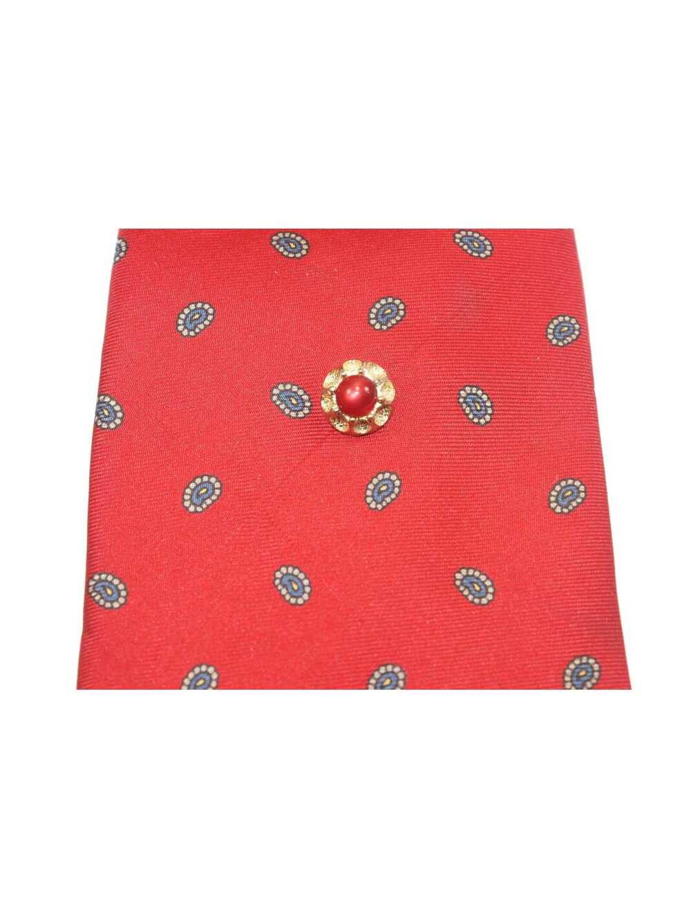 Vintage Gold Tone and Red Plastic Cabochon Tie Tack with Chain.